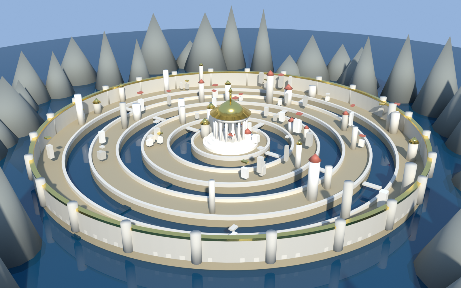 Overhead daylight view of the full Atlantis plan — the complete concentric ring layout under a blue sky, mountains all around