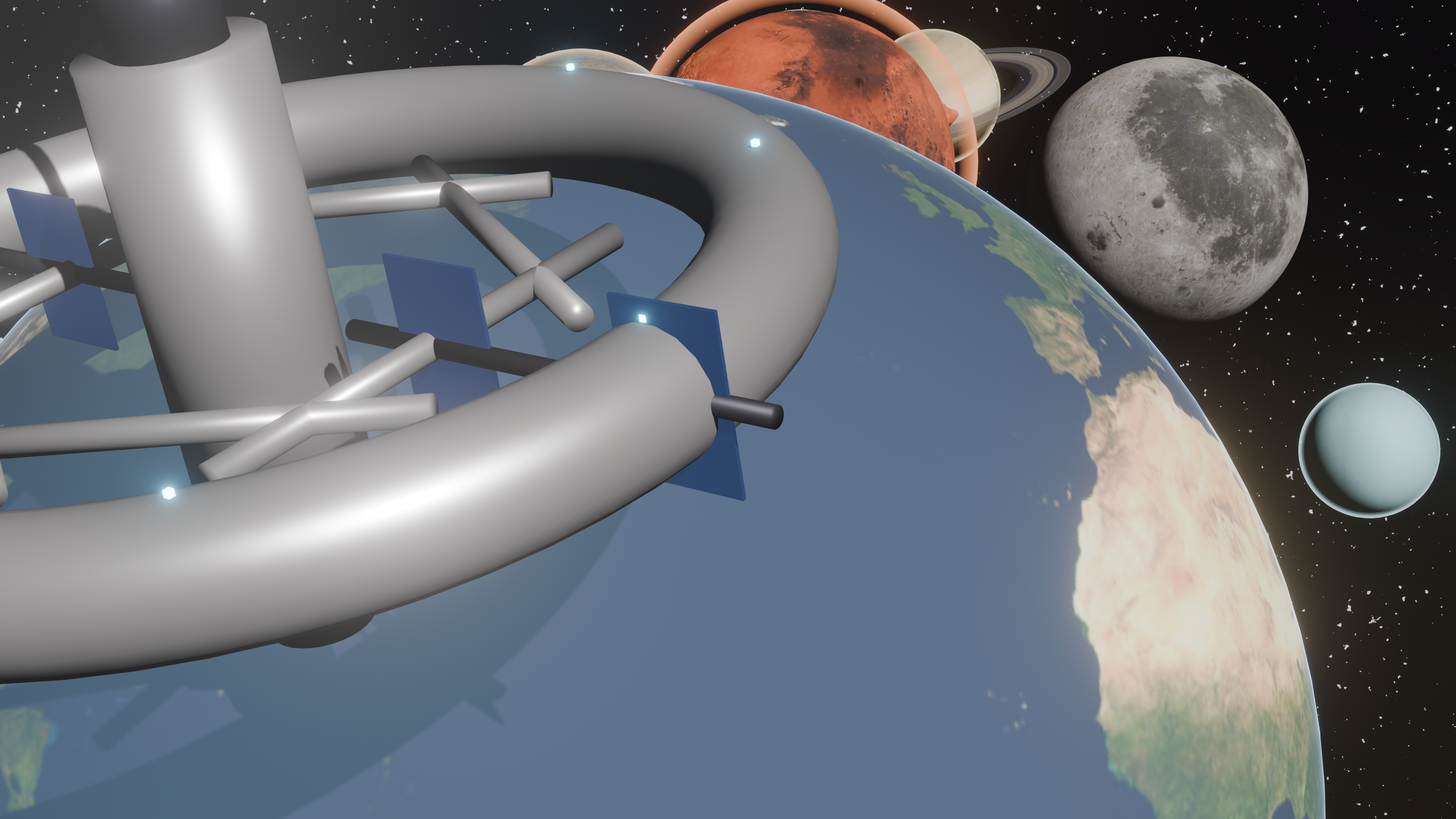 Earth, Mars, the cratered Moon, and a ringed gas giant in a single Blender scene, with an orbital station for scale — the production render that validated the skill