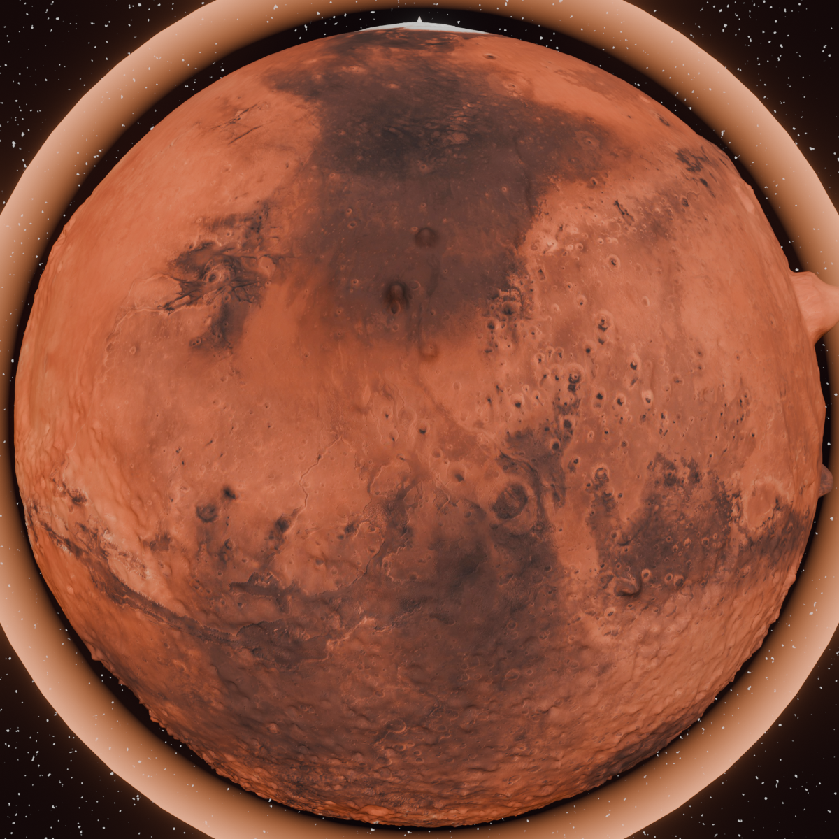 Close-up of Mars showing real MOLA elevation relief breaking the silhouette and a soft rust-colored Fresnel atmosphere halo at the limb