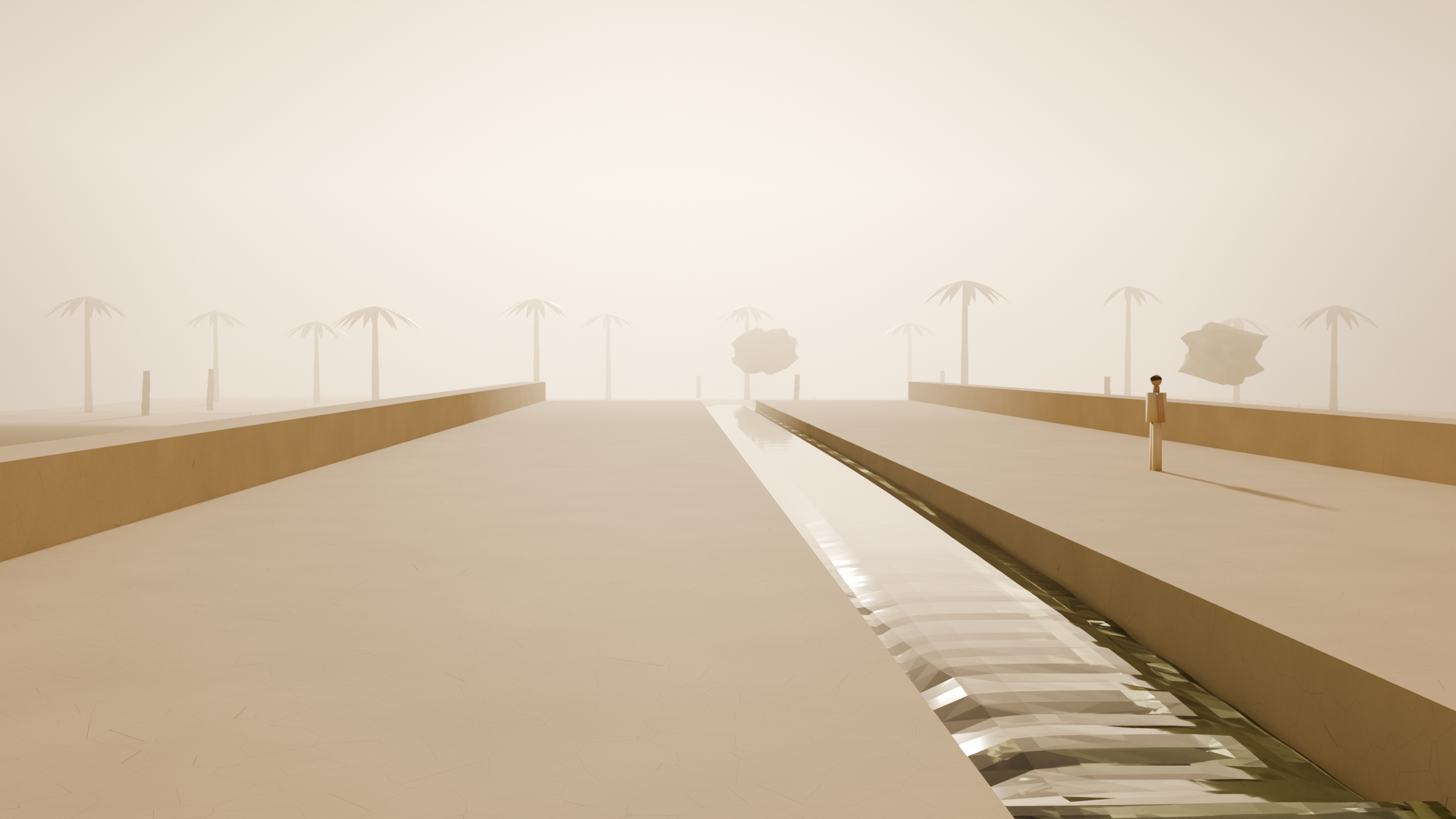 Deck-level view looking upstream along the water channel, the simulated water visible as a bright ribbon between the stone parapets, palms and a lone figure in the warm haze